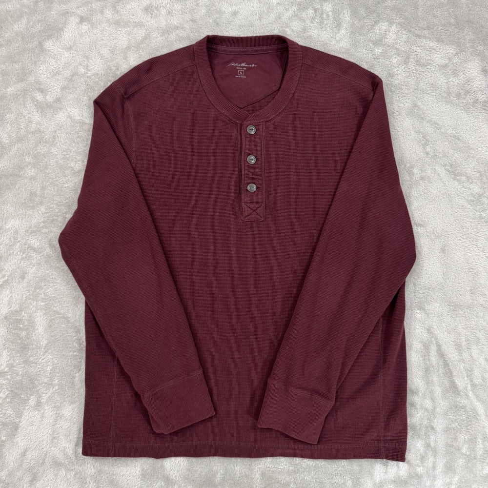Eddie Bauer Shirt Mens XL Maroon Red Thermal Henley‎ Base Layer Waffle Knit